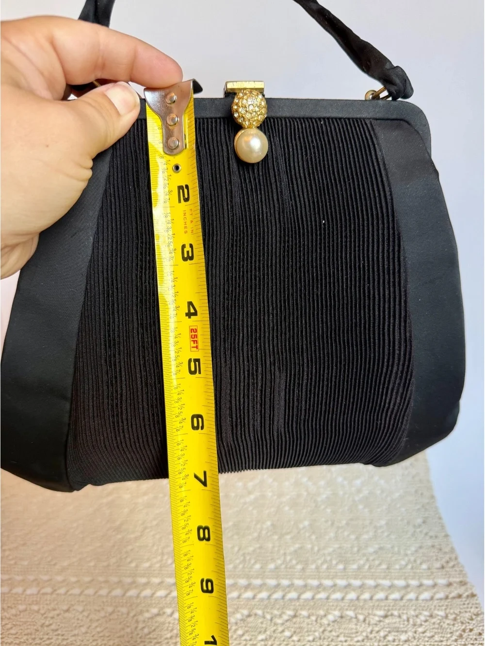 Vintage Garay Black Pleated Evening Handbag Rhinestone Pearl Clasp Purse